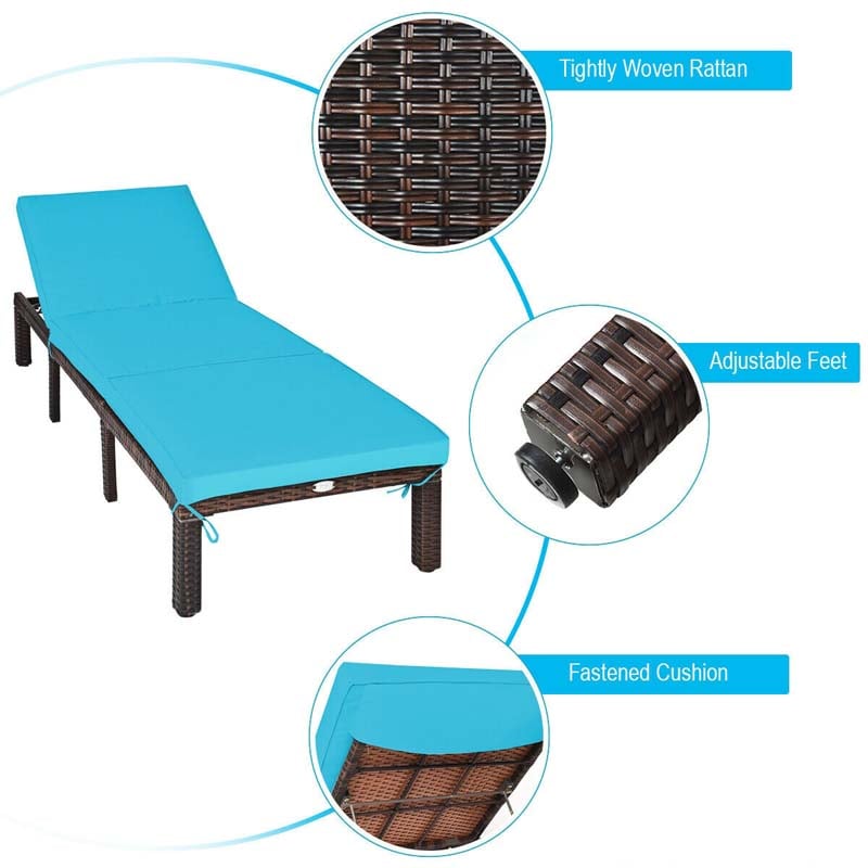 Outdoor Rattan Chaise Lounge, Adjustable Backrest Patio Wicker Lounger Recliner Chair with Zippered Cushions for Backyard Garden Poolside