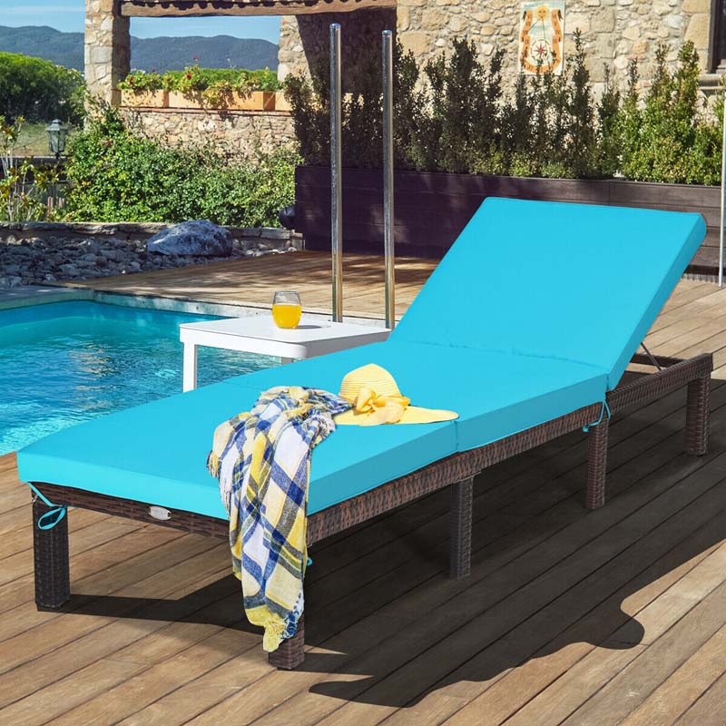 Outdoor Rattan Chaise Lounge, Adjustable Backrest Patio Wicker Lounger Recliner Chair with Zippered Cushions for Backyard Garden Poolside