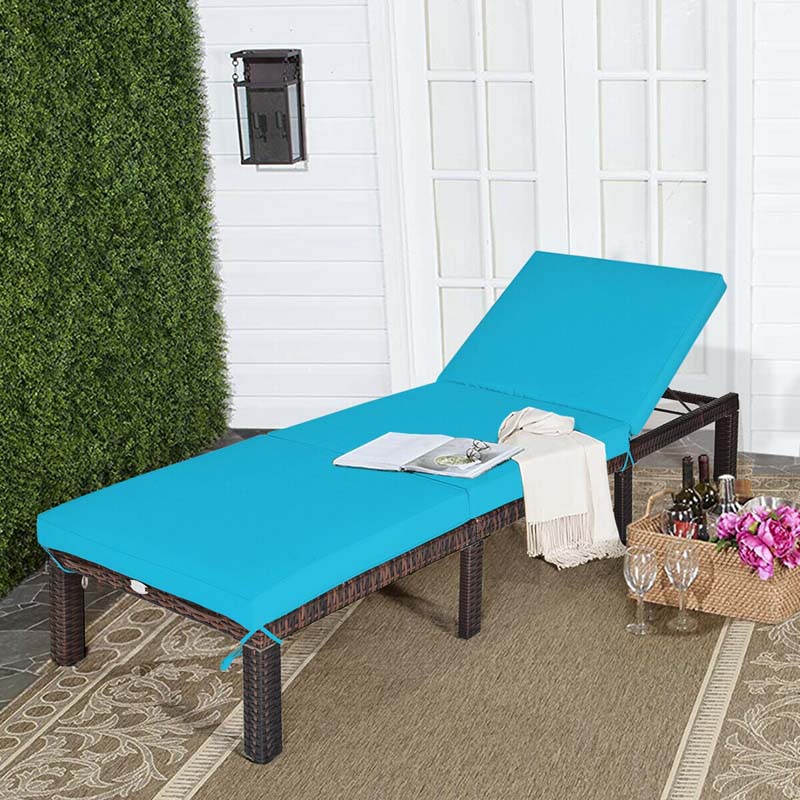 Outdoor Rattan Chaise Lounge, Adjustable Backrest Patio Wicker Lounger Recliner Chair with Zippered Cushions for Backyard Garden Poolside