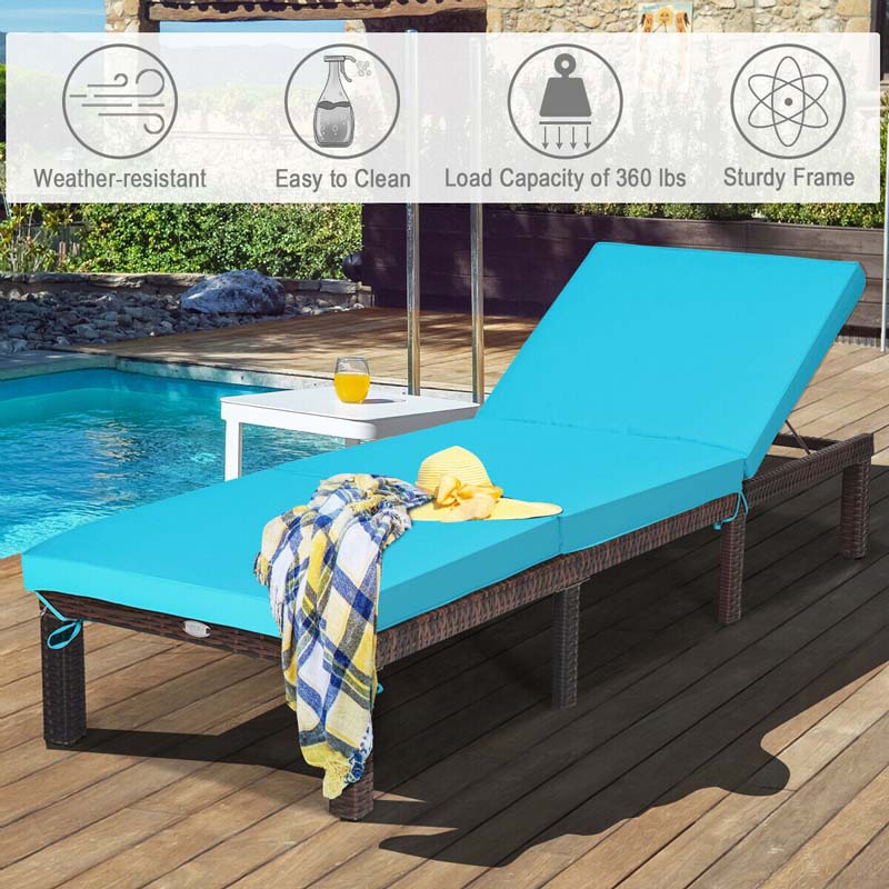 Outdoor Rattan Chaise Lounge, Adjustable Backrest Patio Wicker Lounger Recliner Chair with Zippered Cushions for Backyard Garden Poolside