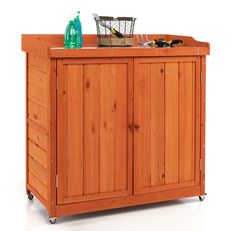 2-Door Garden Potting Bench Table, Wooden Outdoor Storage Cabinet with Removable Shelf & 4 Universal Wheels