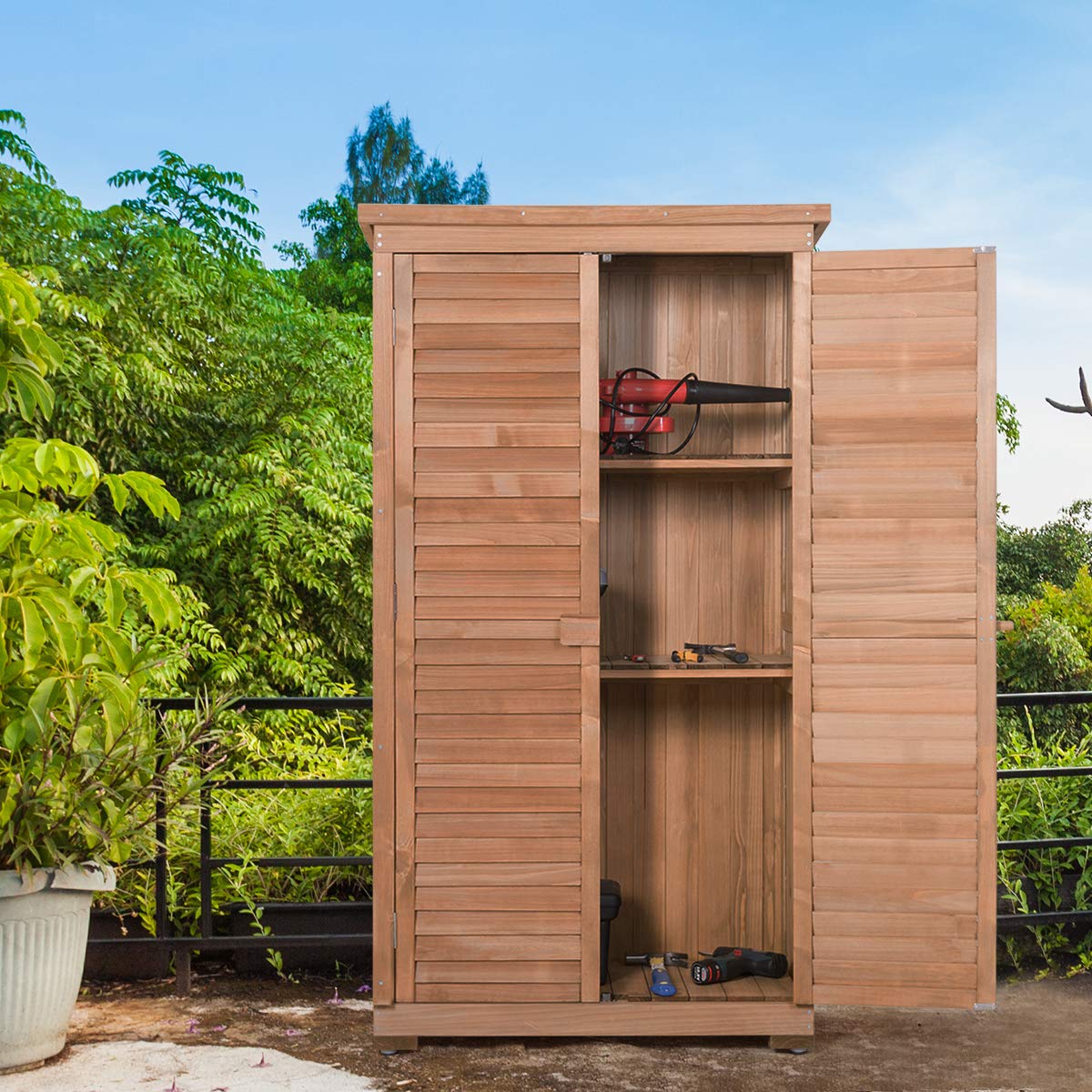 63" Wooden Outdoor Storage Cabinet Garden Tool Shed with Double Doors, Asphalt Roof & 3 Removable Shelves, Waterproof for Patio Lawn Garden Yard