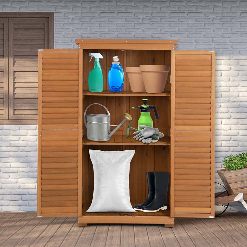 63" Wooden Outdoor Storage Cabinet Garden Tool Shed with Double Doors, Asphalt Roof & 3 Removable Shelves, Waterproof for Patio Lawn Garden Yard