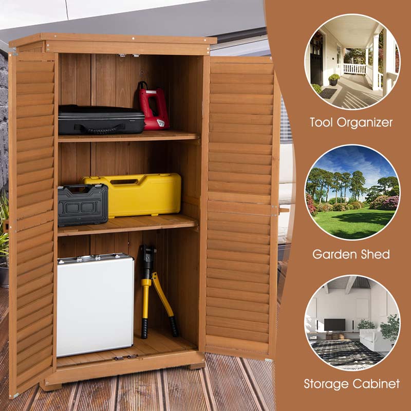 63" Wooden Outdoor Storage Cabinet Garden Tool Shed with Double Doors, Asphalt Roof & 3 Removable Shelves, Waterproof for Patio Lawn Garden Yard