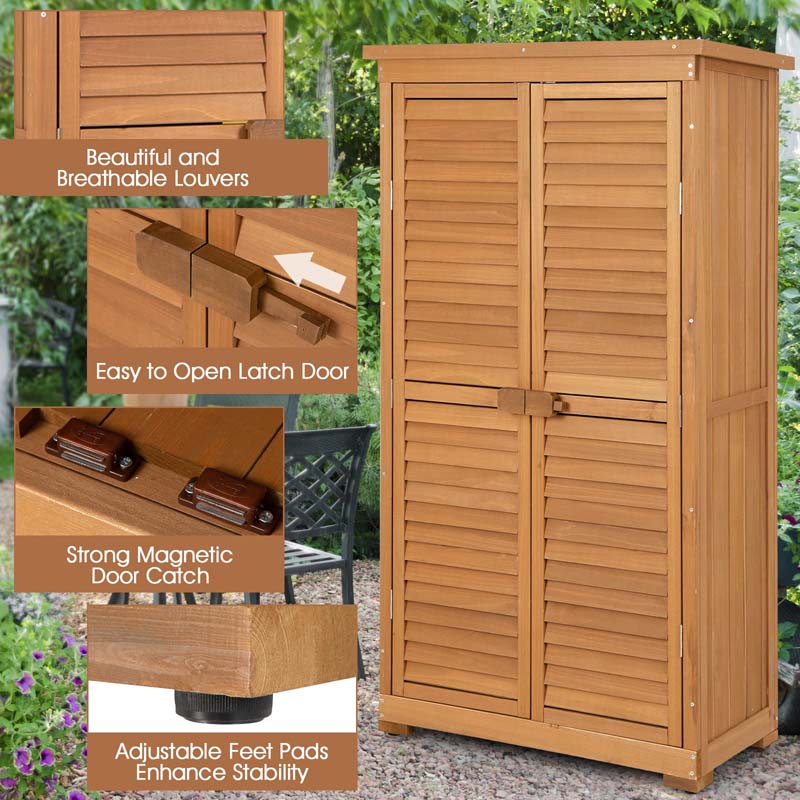 63" Wooden Outdoor Storage Cabinet Garden Tool Shed with Double Doors, Asphalt Roof & 3 Removable Shelves, Waterproof for Patio Lawn Garden Yard