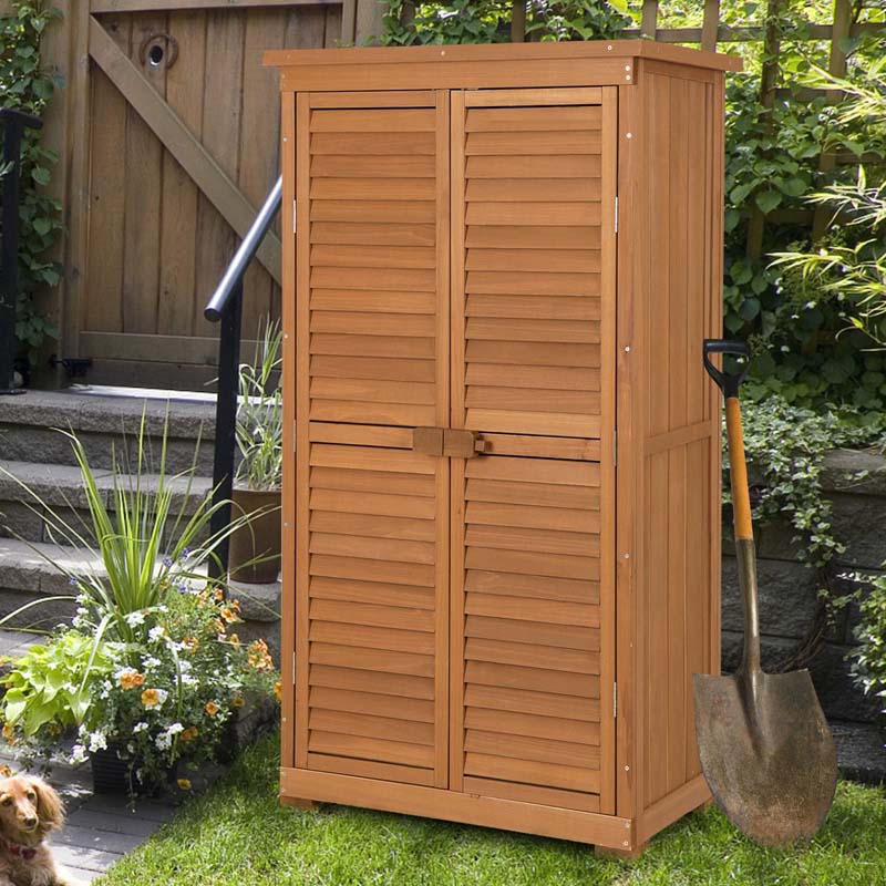 63" Wooden Outdoor Storage Cabinet Garden Tool Shed with Double Doors, Asphalt Roof & 3 Removable Shelves, Waterproof for Patio Lawn Garden Yard