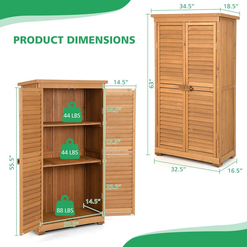63" Wooden Outdoor Storage Cabinet Garden Tool Shed with Double Doors, Asphalt Roof & 3 Removable Shelves, Waterproof for Patio Lawn Garden Yard