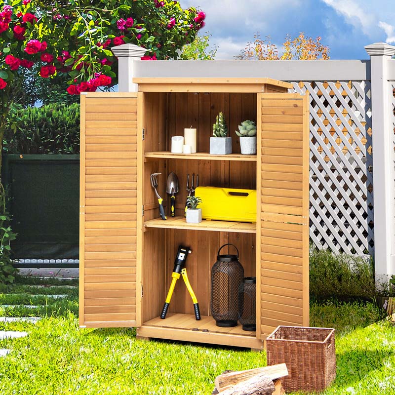 63" Wooden Outdoor Storage Cabinet Garden Shed Tool Organizer with Asphalt Roof & 3 Removable Shelves