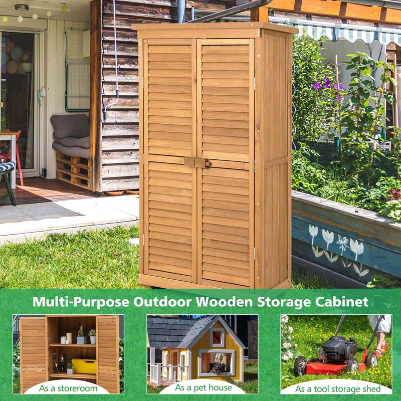 63" Wooden Outdoor Storage Cabinet Garden Tool Shed with Double Doors, Asphalt Roof & 3 Removable Shelves, Waterproof for Patio Lawn Garden Yard