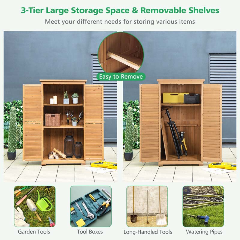 63" Wooden Outdoor Storage Cabinet Garden Tool Shed with Double Doors, Asphalt Roof & 3 Removable Shelves, Waterproof for Patio Lawn Garden Yard