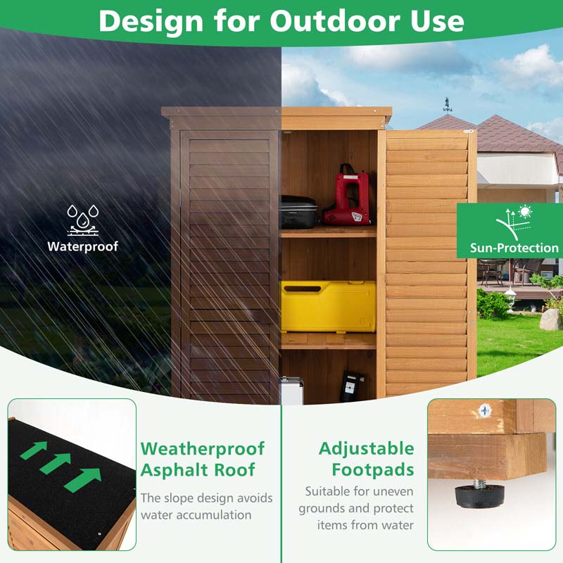 63" Wooden Outdoor Storage Cabinet Garden Tool Shed with Double Doors, Asphalt Roof & 3 Removable Shelves, Waterproof for Patio Lawn Garden Yard