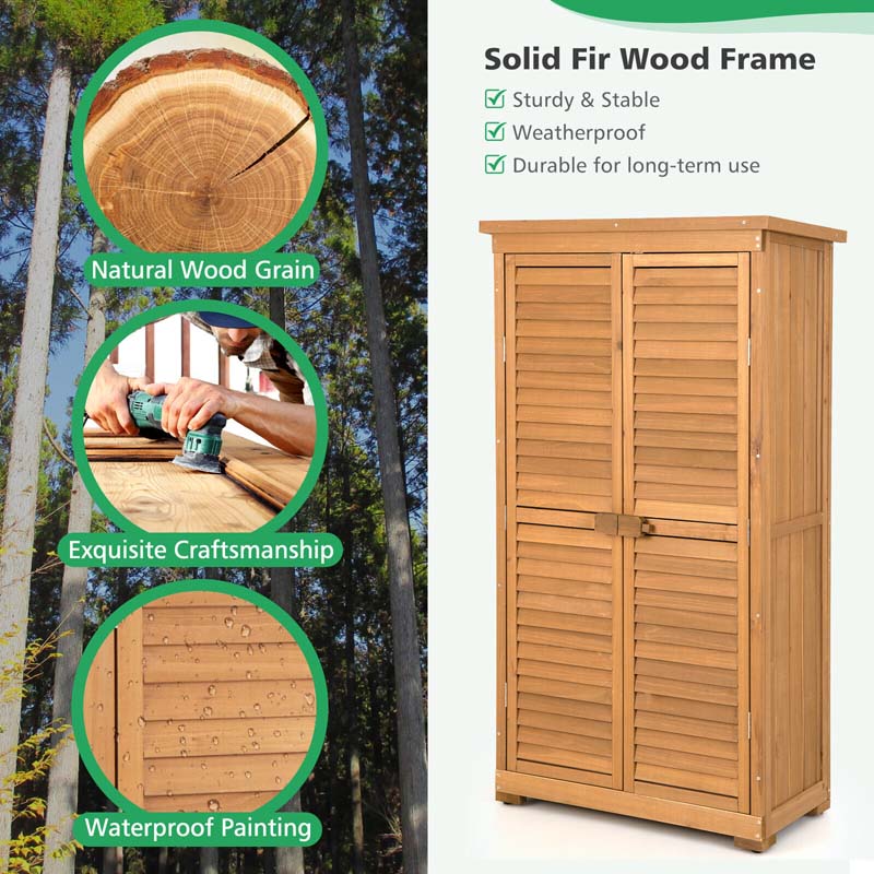 63" Wooden Outdoor Storage Cabinet Garden Tool Shed with Double Doors, Asphalt Roof & 3 Removable Shelves, Waterproof for Patio Lawn Garden Yard