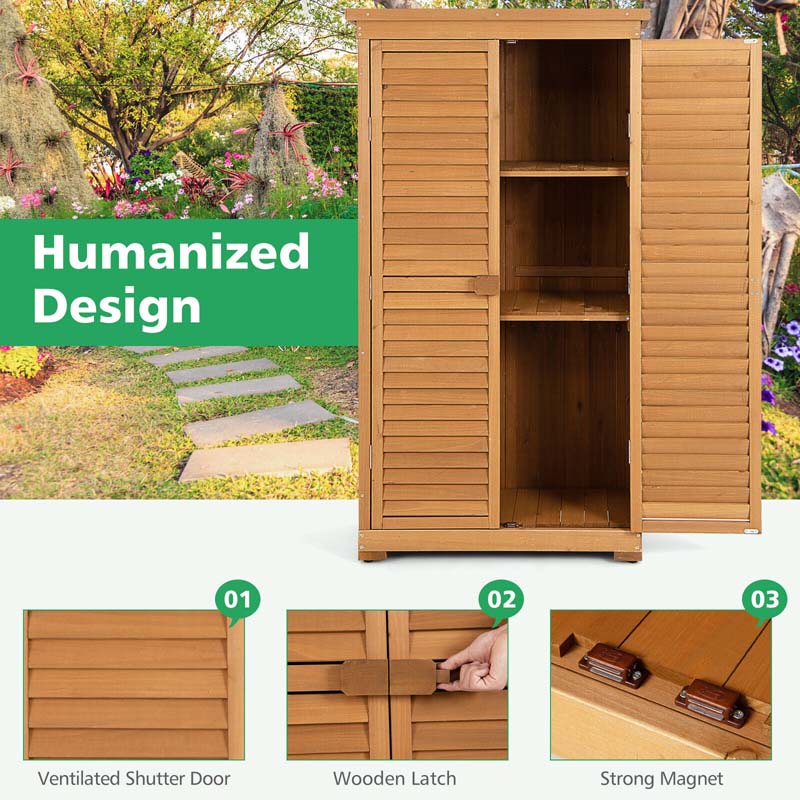 63" Wooden Outdoor Storage Cabinet Garden Tool Shed with Double Doors, Asphalt Roof & 3 Removable Shelves, Waterproof for Patio Lawn Garden Yard