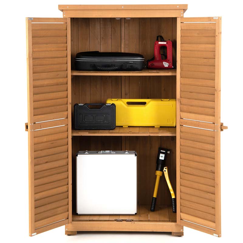 63" Wooden Outdoor Storage Cabinet Garden Tool Shed with Double Doors, Asphalt Roof & 3 Removable Shelves, Waterproof for Patio Lawn Garden Yard