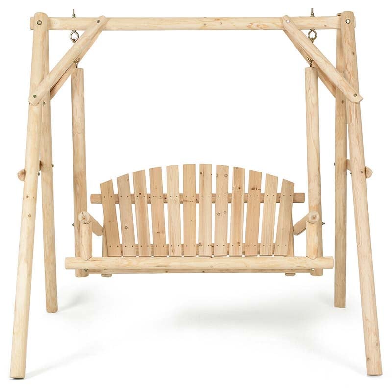 A-Frame Wood Log Patio Porch Swing with Stand, Outdoor Rustic Curved Back Swing Chair for Garden Yard