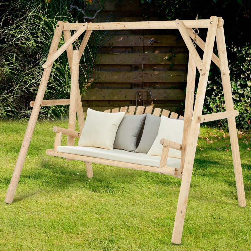 A-Frame Wood Log Patio Porch Swing with Stand, Outdoor Rustic Curved Back Swing Chair for Garden Yard