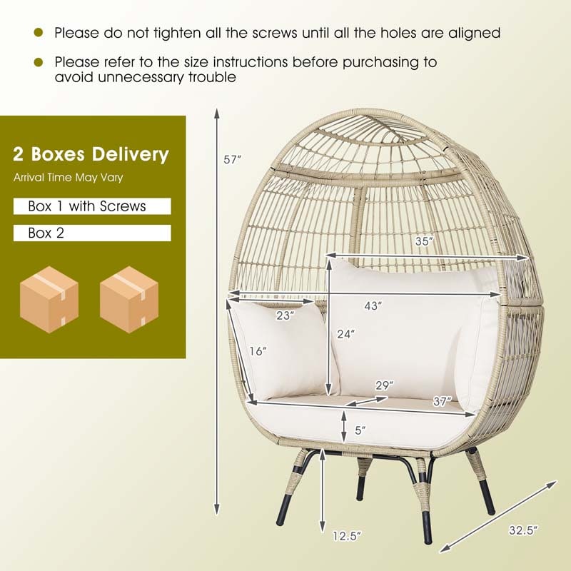 Oversized Wicker Egg Chair with 4 Cushions, Steel Frame Basket Chair Rattan Indoor Outdoor Lounger for Patio, Living Room