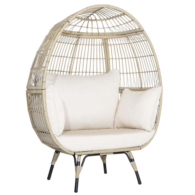 Oversized Wicker Egg Chair with 4 Cushions, Steel Frame Basket Chair Rattan Indoor Outdoor Lounger for Patio, Living Room