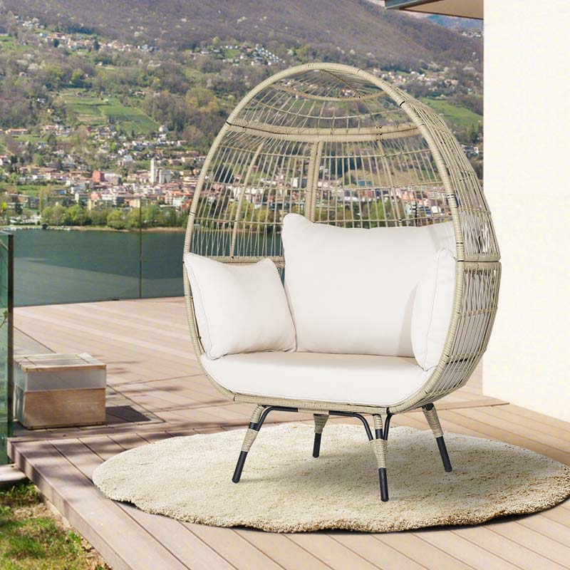 Oversized Wicker Egg Chair with 4 Cushions, Steel Frame Basket Chair Rattan Indoor Outdoor Lounger for Patio, Living Room