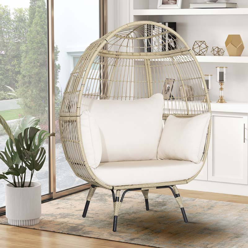 Oversized Wicker Egg Chair with 4 Cushions, Steel Frame Basket Chair Rattan Indoor Outdoor Lounger for Patio, Living Room