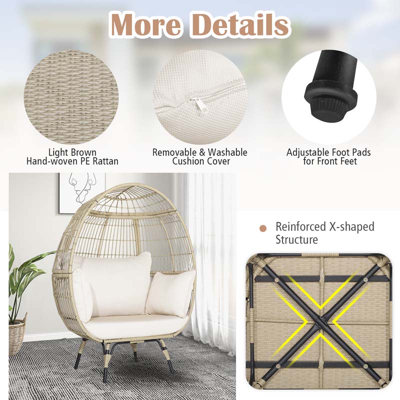 Oversized Wicker Egg Chair with 4 Cushions, Steel Frame Basket Chair Rattan Indoor Outdoor Lounger for Patio, Living Room