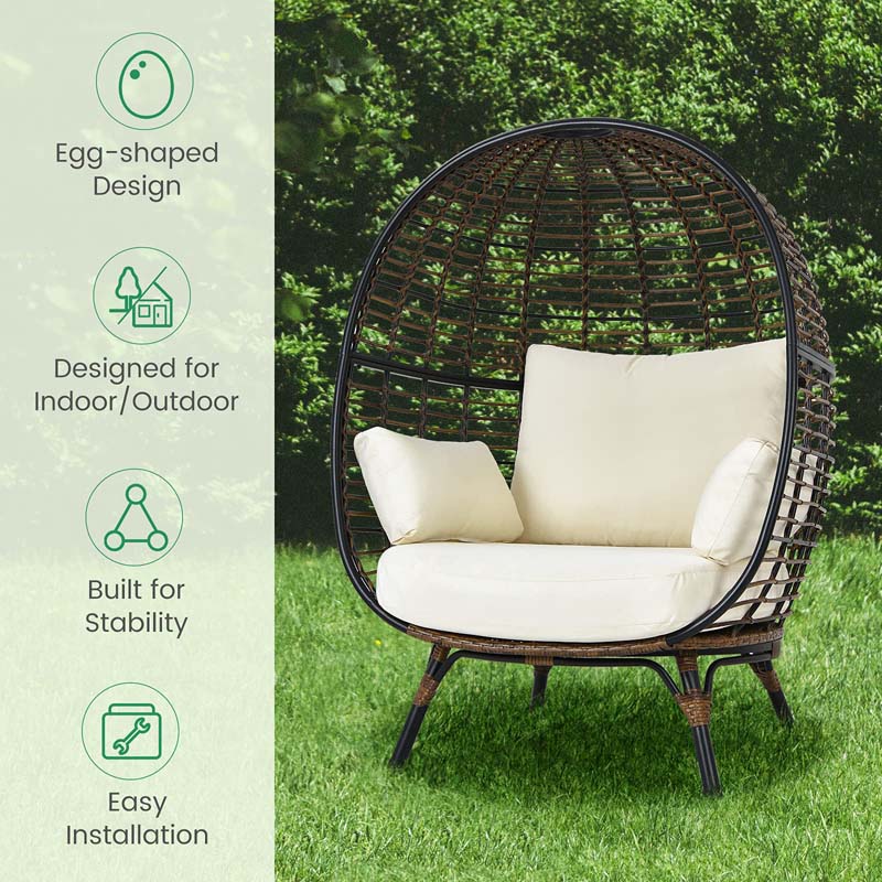 Oversized Wicker Egg Chair with 4 Cushions, Steel Frame Basket Chair Indoor Outdoor Patio Lounge Chair