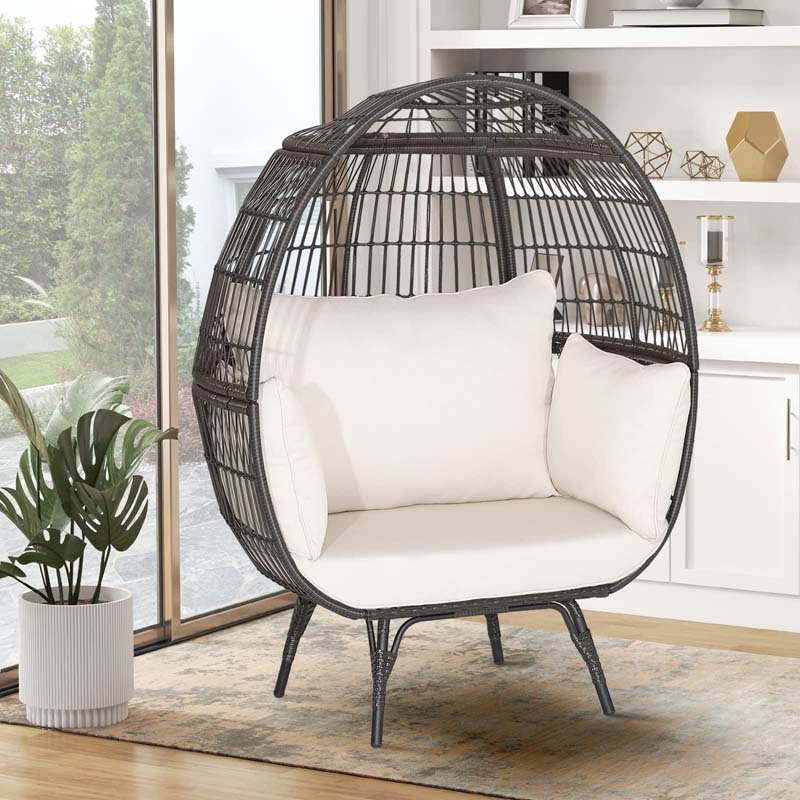 Oversized Wicker Egg Chair with 4 Cushions, Steel Frame Basket Chair Indoor Outdoor Patio Lounge Chair