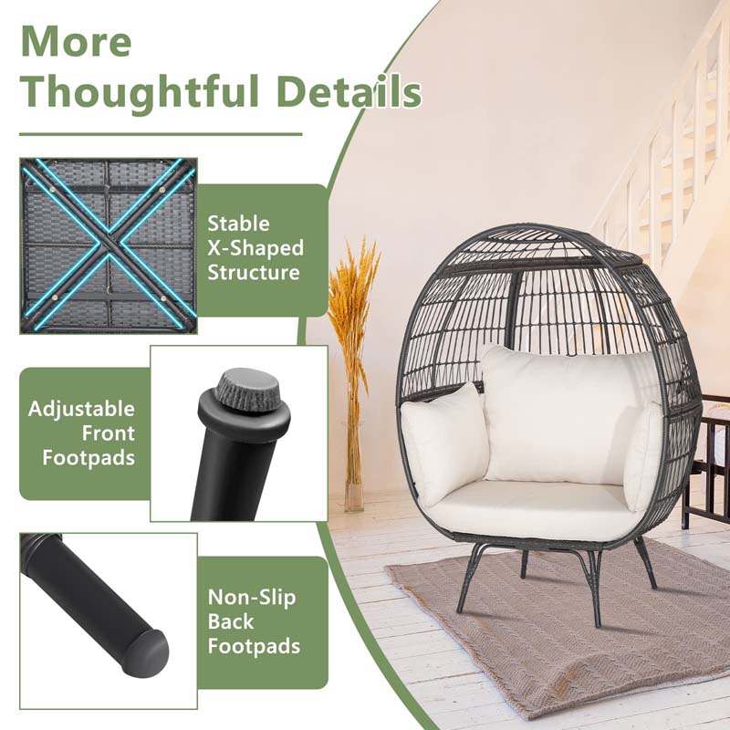 Oversized Wicker Egg Chair with 4 Cushions, Steel Frame Basket Chair Indoor Outdoor Patio Lounge Chair