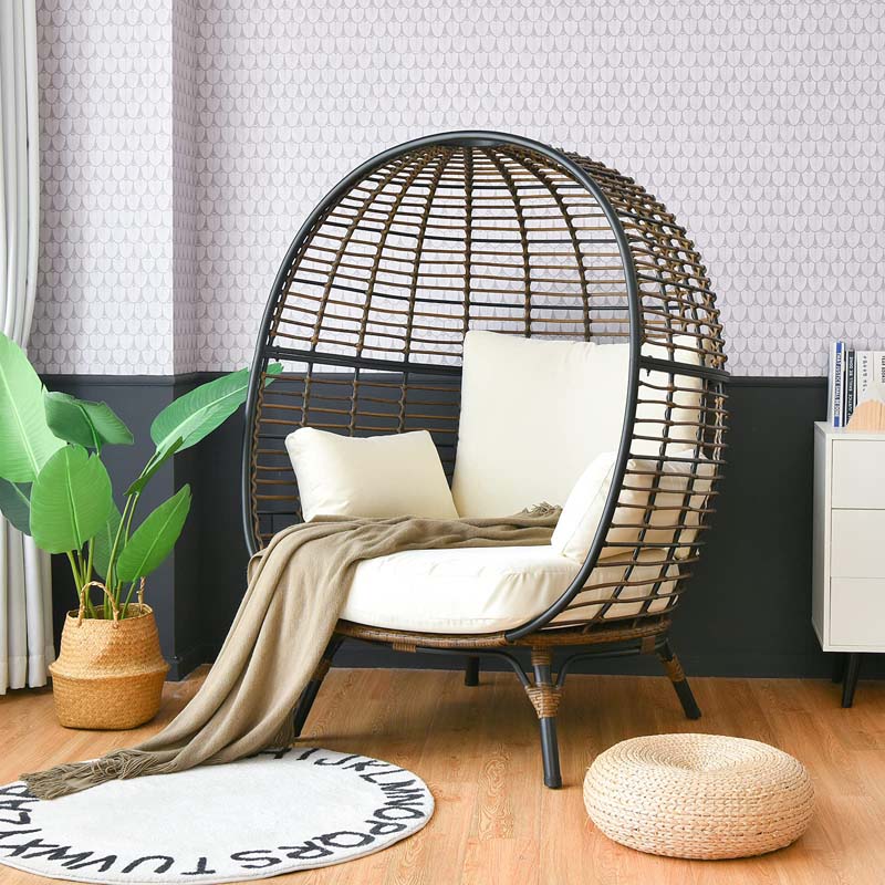 Oversized Wicker Egg Chair with 4 Cushions, Steel Frame Basket Chair Rattan Indoor Outdoor Lounger for Patio, Living Room