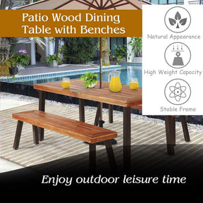 3 Pcs Rustic Acacia Wood Patio Dining Table Set with 2 Benches, Outdoor Picnic Table Bench Set with Umbrella Hole
