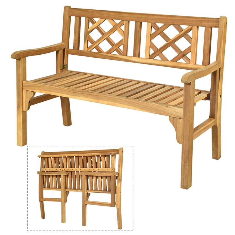 2-Person Foldable Wooden Bench Outdoor Patio Garden Park Bench Loveseat Chair with Curved Backrest & Armrest