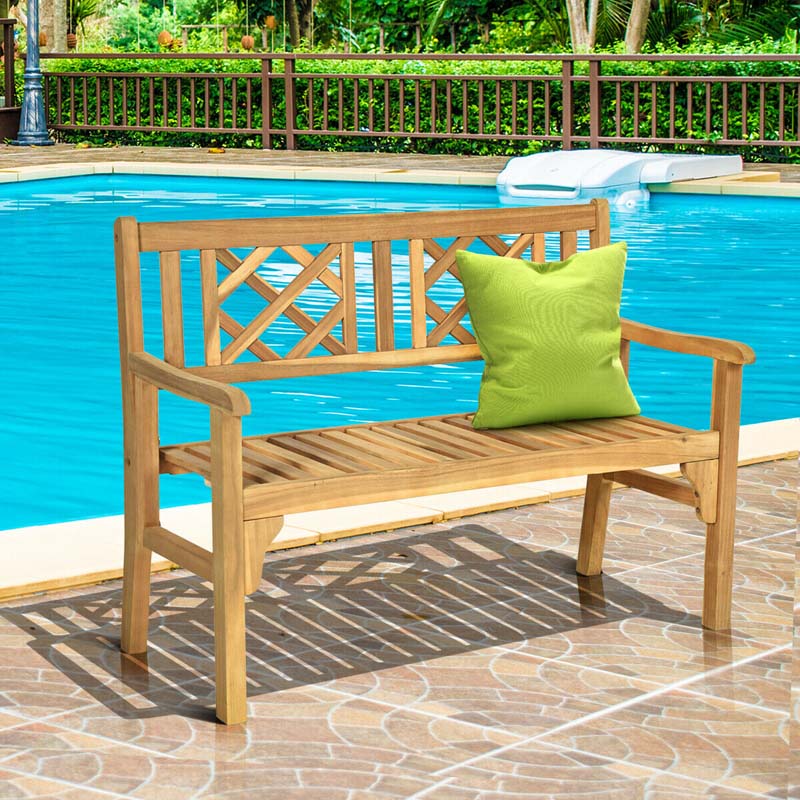 2-Person Foldable Wooden Bench Outdoor Patio Garden Park Bench Loveseat Chair with Curved Backrest & Armrest