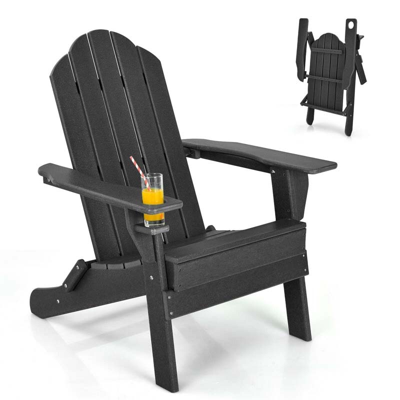 2 PCS Outdoor Folding Adirondack Chairs with Cup Holder, All-Weather PE Patio Lounge Chair for Backyard, Poolside