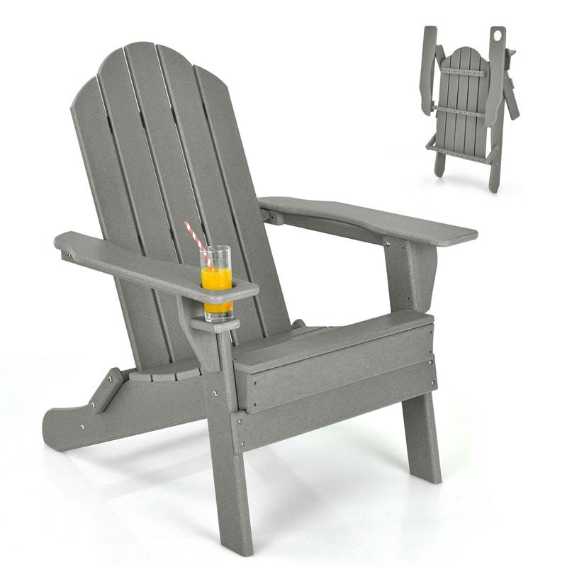 2 PCS Outdoor Folding Adirondack Chairs with Cup Holder, All-Weather PE Patio Lounge Chair for Backyard, Poolside