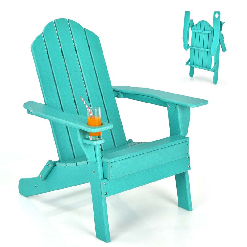 2 PCS Outdoor Folding Adirondack Chairs with Cup Holder, All-Weather PE Patio Lounge Chair for Backyard, Poolside