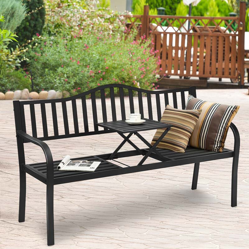 59.5" Large Outdoor Patio Metal Bench Seat with Pullout Middle Table, Weather Resistance Park Bench for Garden Porch