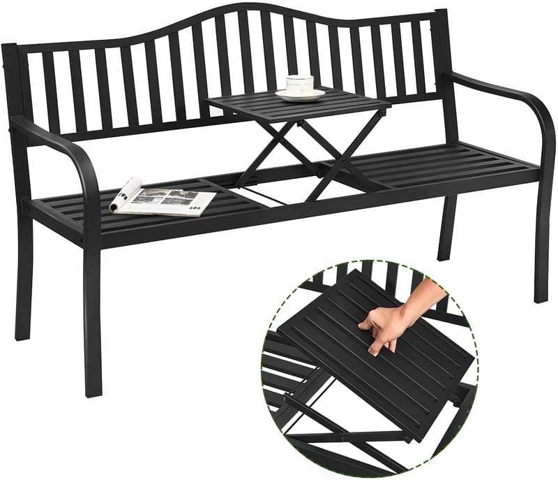 59.5" Large Outdoor Patio Metal Bench Seat with Pullout Middle Table, Weather Resistance Park Bench for Garden Porch