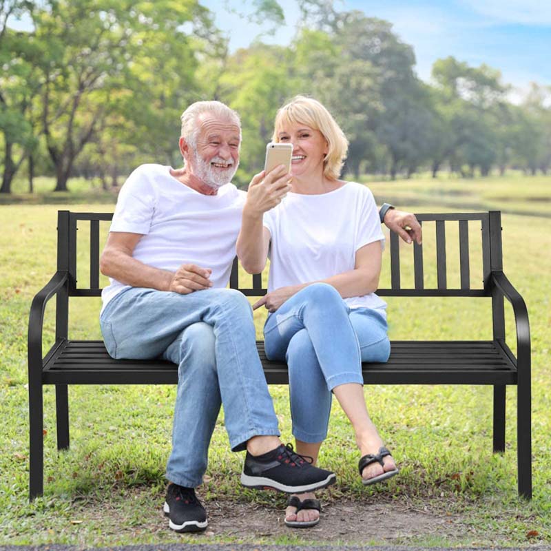 59.5" Large Outdoor Patio Metal Bench Seat with Pullout Middle Table, Weather Resistance Park Bench for Garden Porch