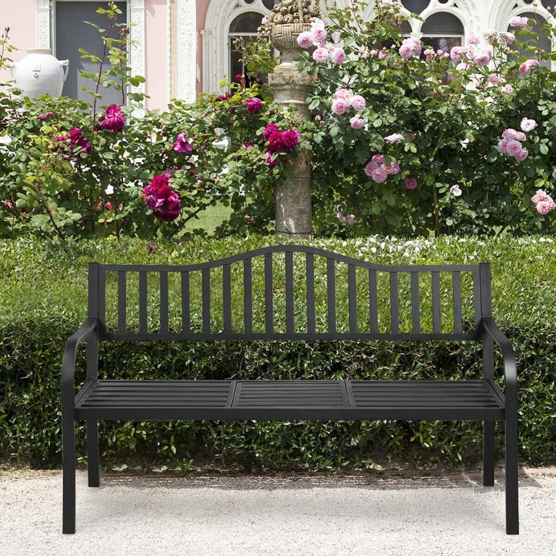 59.5" Large Outdoor Patio Metal Bench Seat with Pullout Middle Table, Weather Resistance Park Bench for Garden Porch