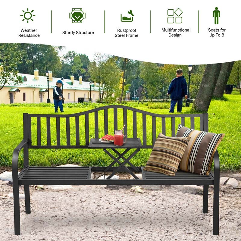 59.5" Large Outdoor Patio Metal Bench Seat with Pullout Middle Table, Weather Resistance Park Bench for Garden Porch