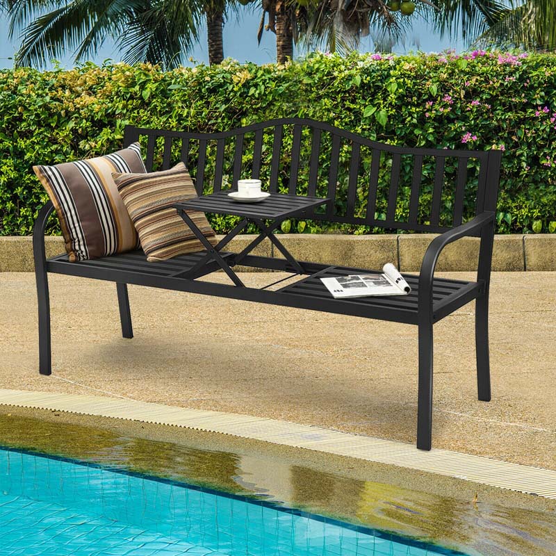 59.5" Large Outdoor Patio Metal Bench Seat with Pullout Middle Table, Weather Resistance Park Bench for Garden Porch