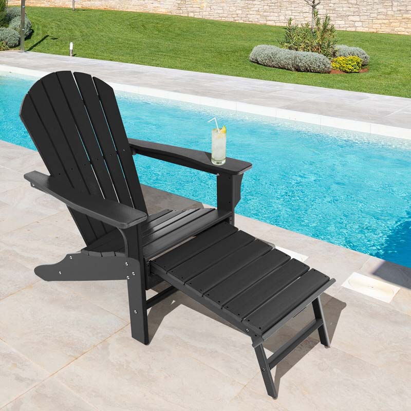 HDPE Adirondack Chair with Retractable Ottoman, Outdoor Chaise Lounge Chair for Beach, Lawn Pool Deck
