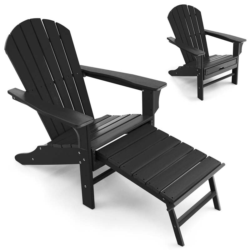 HDPE Adirondack Chair with Retractable Ottoman, Outdoor Chaise Lounge Chair for Beach, Lawn Pool Deck