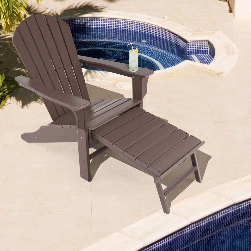 HDPE Adirondack Chair with Retractable Ottoman, Outdoor Chaise Lounge Chair for Lawn Pool Deck