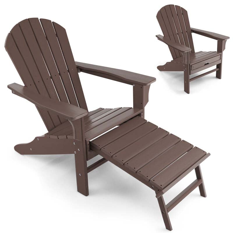 HDPE Adirondack Chair with Retractable Ottoman, Outdoor Chaise Lounge Chair for Beach, Lawn Pool Deck