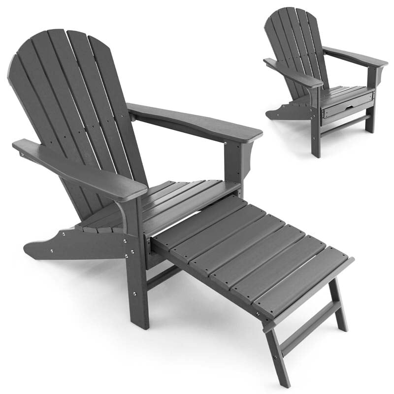 HDPE Adirondack Chair with Retractable Ottoman, Outdoor Chaise Lounge Chair for Beach, Lawn Pool Deck
