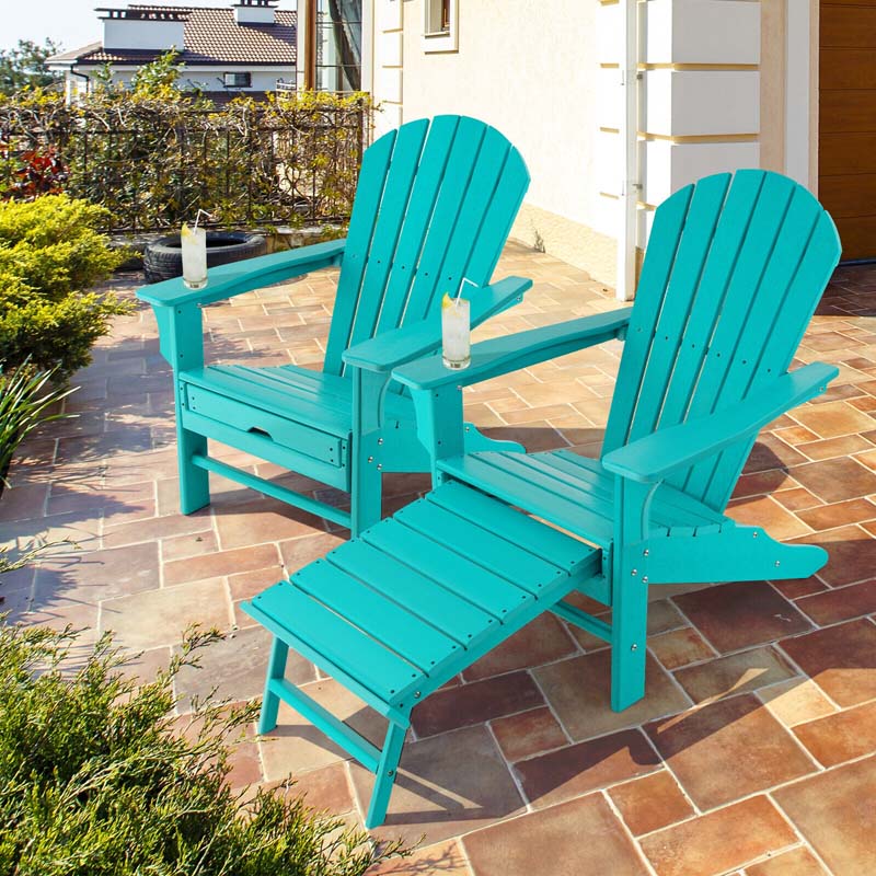 HDPE Adirondack Chair with Retractable Ottoman, Outdoor Chaise Lounge Chair for Beach, Lawn Pool Deck