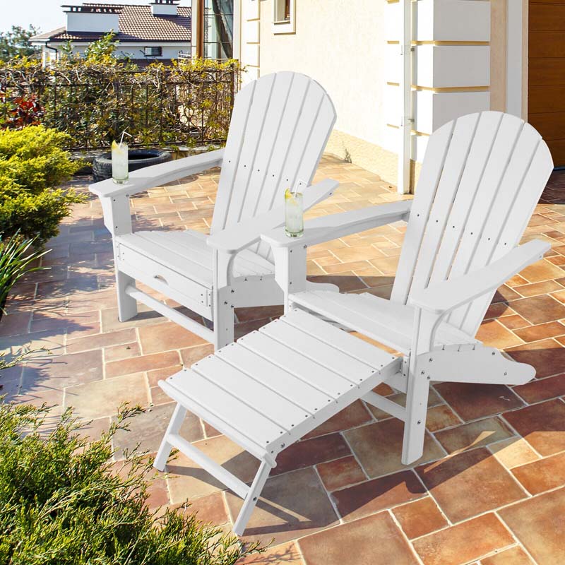 HDPE Adirondack Chair with Retractable Ottoman, Outdoor Chaise Lounge Chair for Lawn Pool Deck