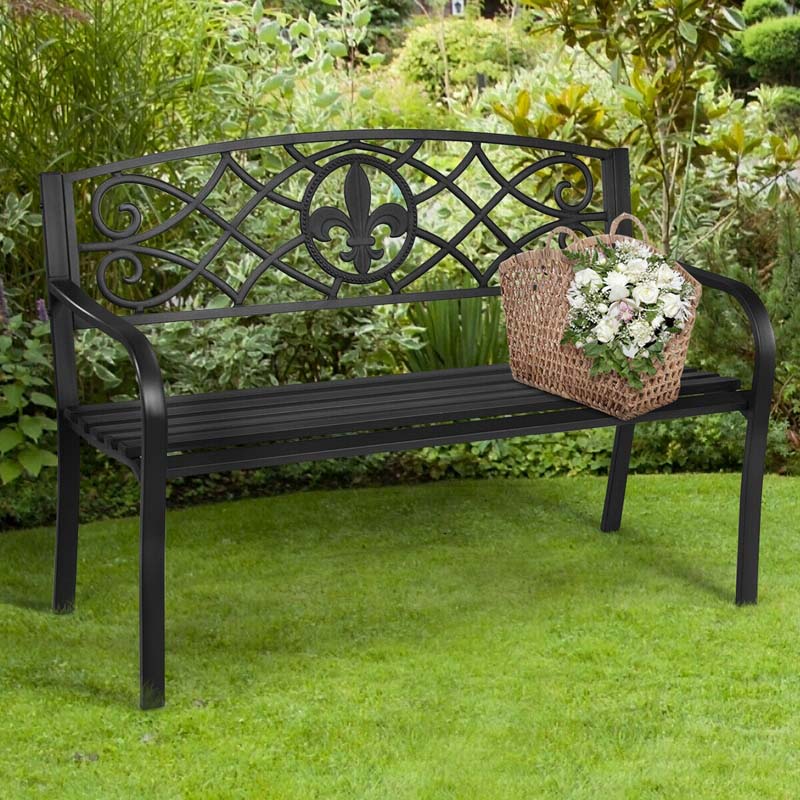 50" Weatherproof Outdoor Patio Bench with Pattern Backrest, Heavy-Duty Metal Park Bench for Garden Backyard Porch