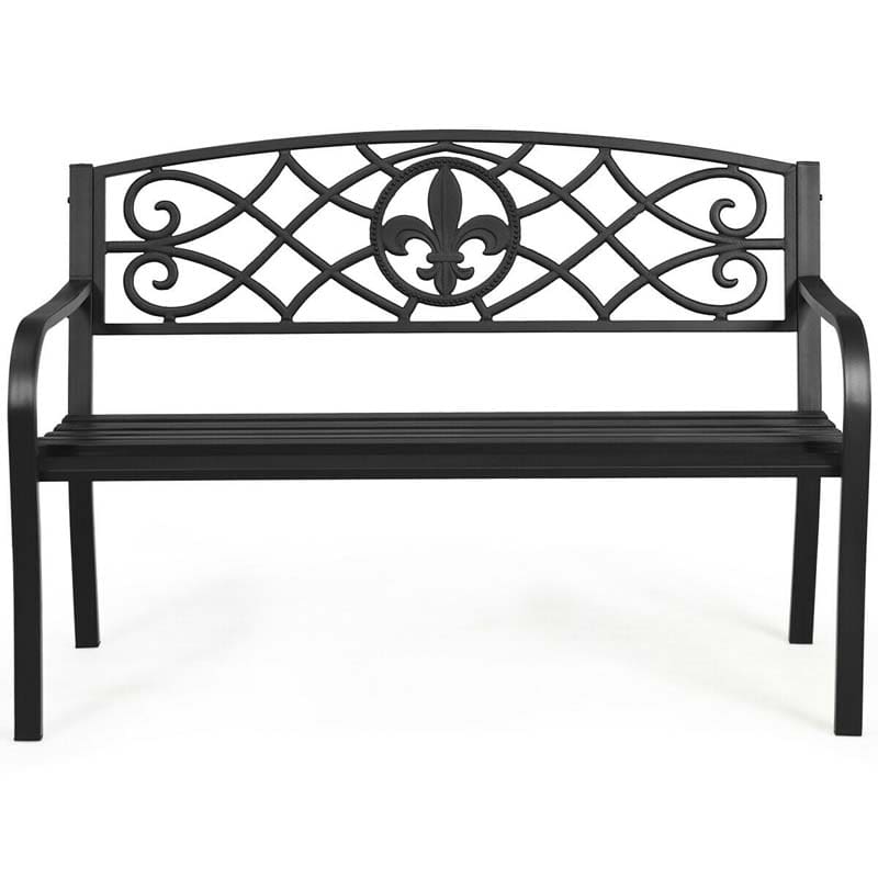 50" Weatherproof Outdoor Patio Bench with Pattern Backrest, Heavy-Duty Metal Park Bench for Garden Backyard Porch